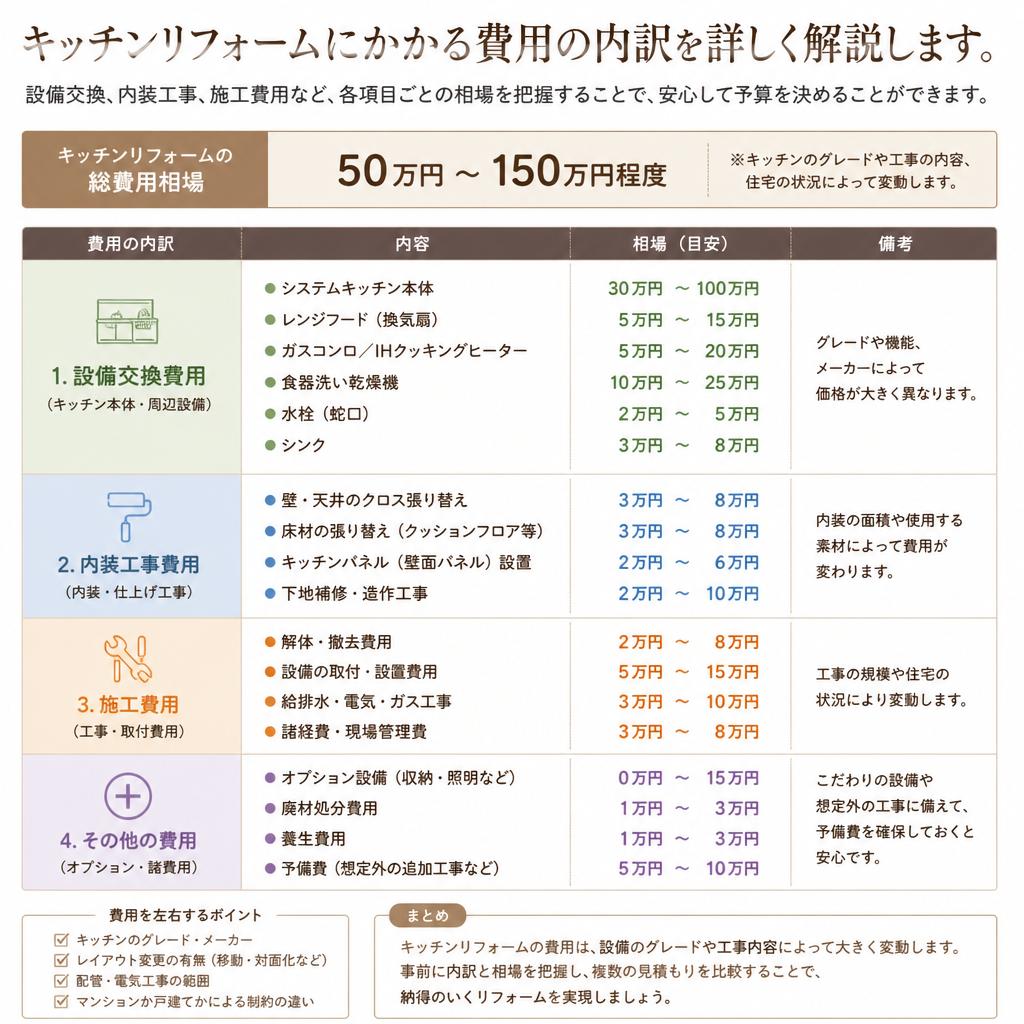 キッチンリフォームの基本的な費用内訳